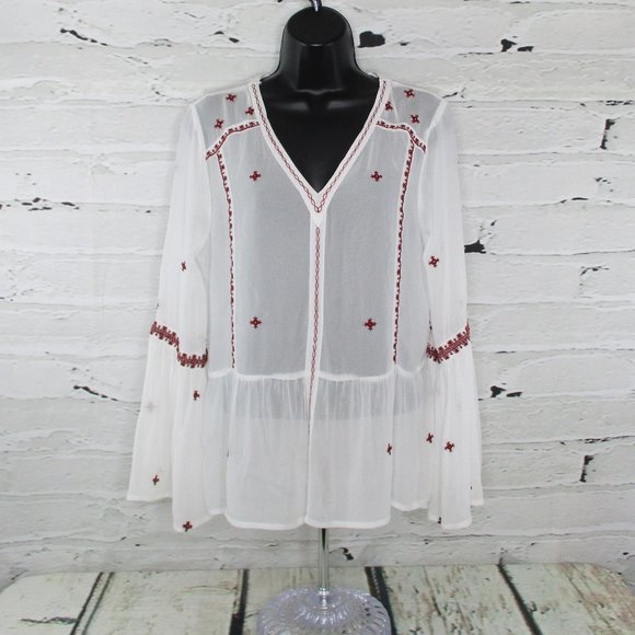 Aqua Tops - Aqua Sheer Boho Peasant Embroidered Blouse
